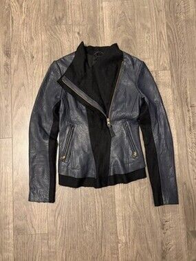 Mackage Women's Leather and Wool Blend Jacket, Navy Blue, Zip Front, Size Medium